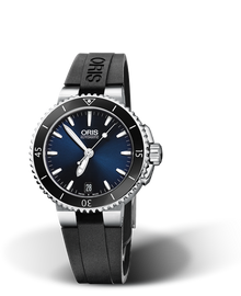 Aquis Date, 36.00 mm, Blue, Rubber Strap, Stainless steel screw-in security crown, Multi-piece stainless steel case, ceramic minutes scale top ring