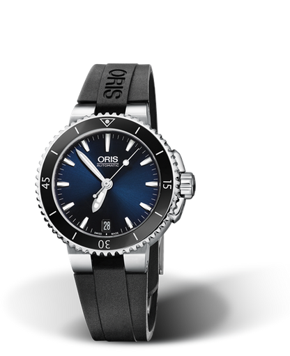 Aquis Date, 36.00 mm, Blue, Rubber Strap, Stainless steel screw-in security crown, Multi-piece stainless steel case, ceramic minutes scale top ring
