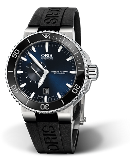 Aquis Small Second, Date, 46.00 mm, Blue, Rubber Strap, Stainless steel screw-in security crown, Multi-piece stainless steel case, ceramic minutes scale top ring