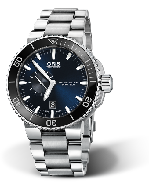 Aquis Small Second, Date, 46.00 mm, Blue, Stainless steel Strap, Stainless steel screw-in security crown, Multi-piece stainless steel case, ceramic minutes scale top ring