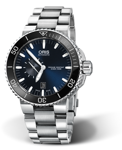 Aquis Small Second, Date, 46.00 mm, Blue, Stainless steel Strap, Stainless steel screw-in security crown, Multi-piece stainless steel case, ceramic minutes scale top ring