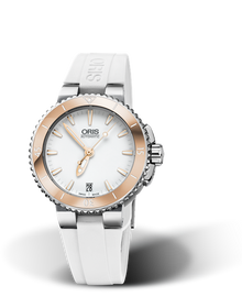 Aquis Date, 36.00 mm, White, Rubber Strap, Stainless steel screw-in security crown, Multi-piece stainless steel case, Cermet minutes scale top ring