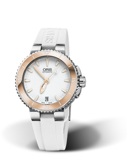 Aquis Date, 36.00 mm, White, Rubber Strap, Stainless steel screw-in security crown, Multi-piece stainless steel case, Cermet minutes scale top ring