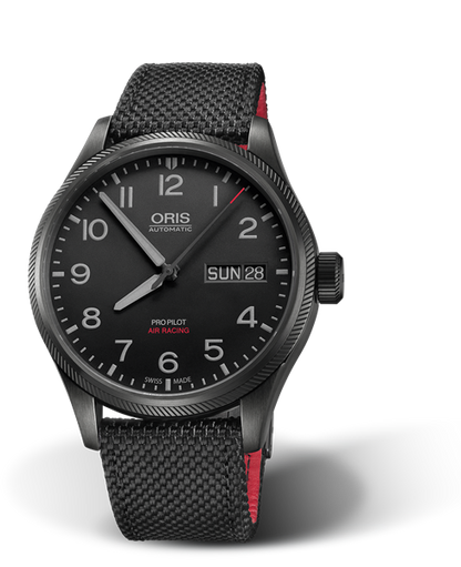 Air Racing Edition V, 45mm, Black, Textile Strap, Stainless steel screw-in security crown, black DLC plated, Multi-piece stainless steel case, black DLC plated