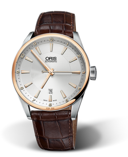 Artix Date, 42mm, Grey, Leather Strap, Stainless steel crown, Multi-piece stainless steel case, 18K rose gold top ring