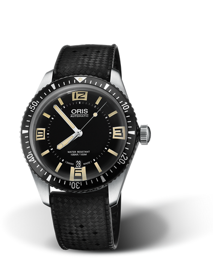 Divers Sixty-Five, 40.00 mm, Black, Rubber Strap, Stainless steel screw-in security crown, Multi-piece stainless steel case, minutes scale top ring