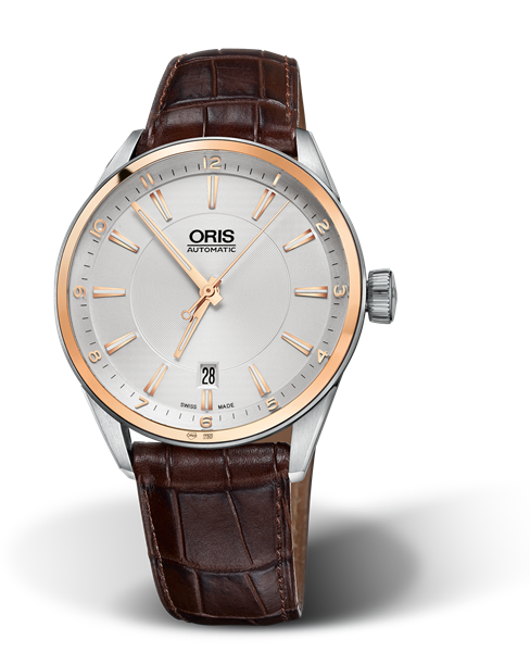 Artix Date, 39mm, Grey, Leather Strap, Stainless steel crown, Multi-piece stainless steel case, 18K rose gold top ring