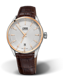 Artix Date, 39mm, Grey, Leather Strap, Stainless steel crown, Multi-piece stainless steel case, 18K rose gold top ring