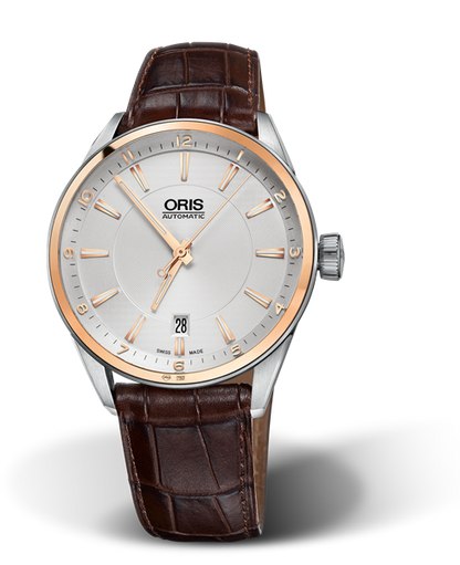 Artix Date, 39mm, Grey, Leather Strap, Stainless steel crown, Multi-piece stainless steel case, 18K rose gold top ring