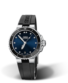 Aquis Date Diamonds, 36.00 mm, Blue, Rubber Strap, Stainless steel screw-in security crown, Multi-piece stainless steel case, ceramic minutes scale top ring