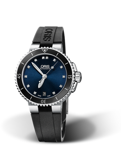 Aquis Date Diamonds, 36.00 mm, Blue, Rubber Strap, Stainless steel screw-in security crown, Multi-piece stainless steel case, ceramic minutes scale top ring