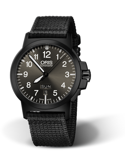 BC3 Advanced, Day Date, 42mm, Black, Textile Strap, Stainless steel screw-in security crown, black plated, Multi-piece stainless steel case, black DLC plated