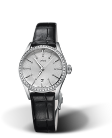 Artelier Date Diamonds, 28mm, Grey, Leather Strap, Stainless steel crown, Multi-piece stainless steel case, set with 52 Top Wesselton G, VS 1 diamonds (0,416 ct.)