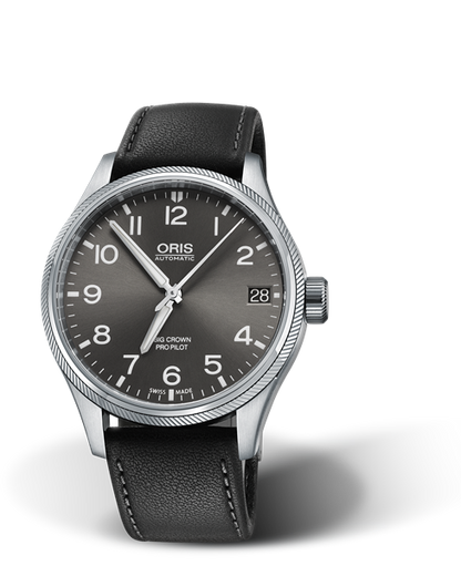 Big Crown ProPilot Big Date, 41.00 mm, Grey, Leather Strap, Stainless steel screw-in security crown, Multi-piece stainless steel case