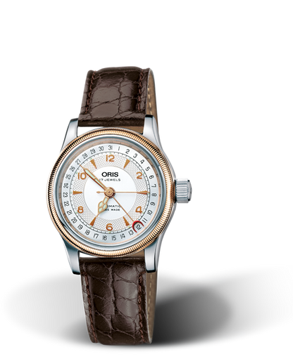 Big Crown Original Pointer Date, 32mm, Grey, Leather Strap, Stainless steel crown, Multi-piece stainless steel case, rose gold plated top ring