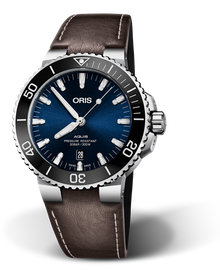 Aquis Date, 43.50 mm, Blue, Leather Strap, Stainless steel screw-in security crown, Multi-piece stainless steel case, ceramic minutes scale top ring