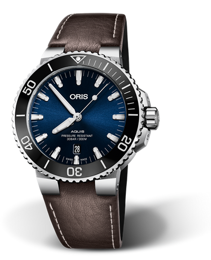 Aquis Date, 43.50 mm, Blue, Leather Strap, Stainless steel screw-in security crown, Multi-piece stainless steel case, ceramic minutes scale top ring