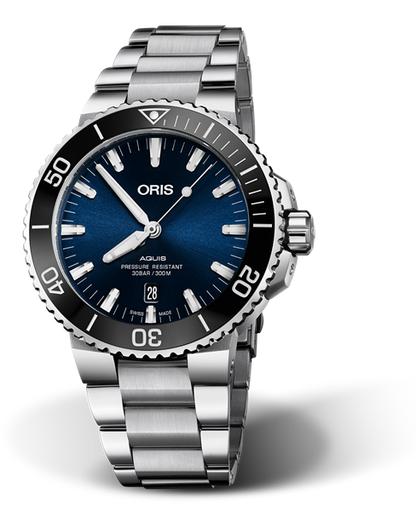 Aquis Date, 43.50 mm, Blue, Stainless steel Strap, Stainless steel screw-in security crown, Multi-piece stainless steel case, ceramic minutes scale top ring