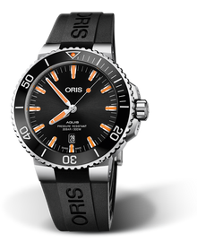 Aquis Date, 43.50 mm, Black, Rubber Strap, Stainless steel screw-in security crown, Multi-piece stainless steel case, ceramic minutes scale top ring
