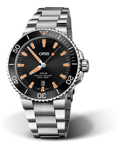 Aquis Date, 43.50 mm, Black, Stainless steel Strap, Stainless steel screw-in security crown, Multi-piece stainless steel case, ceramic minutes scale top ring