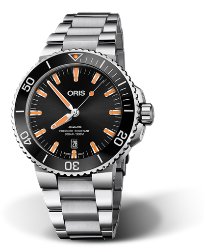 Aquis Date, 43.50 mm, Black, Stainless steel Strap, Stainless steel screw-in security crown, Multi-piece stainless steel case, ceramic minutes scale top ring