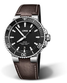 Aquis Date, 43.50 mm, Black, Leather Strap, Stainless steel screw-in security crown, Multi-piece stainless steel case, ceramic minutes scale top ring