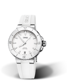 Aquis Date, 36.50 mm, White, Rubber Strap, Stainless steel screw-in security crown, Multi-piece stainless steel case, ceramic minutes scale top ring