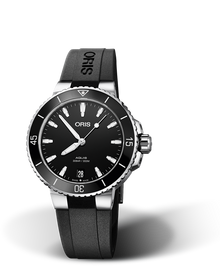 Aquis Date, 36.50 mm, Black, Rubber Strap, Stainless steel screw-in security crown, Multi-piece stainless steel case, ceramic minutes scale top ring