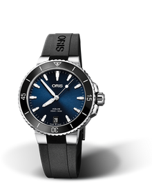 Aquis Date, 36.50 mm, Blue, Rubber Strap, Stainless steel screw-in security crown, Multi-piece stainless steel case, ceramic minutes scale top ring