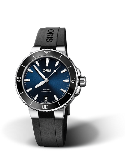 Aquis Date, 36.50 mm, Blue, Rubber Strap, Stainless steel screw-in security crown, Multi-piece stainless steel case, ceramic minutes scale top ring