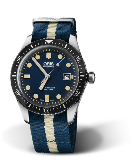 Divers Sixty-Five, 42.00 mm, Blue, Textile Strap, Stainless steel screw-in security crown, Multi-piece stainless steel case, minutes scale top ring