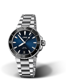 Aquis Date, 36.50 mm, Blue, Stainless steel Strap, Stainless steel screw-in security crown, Multi-piece stainless steel case, ceramic minutes scale top ring
