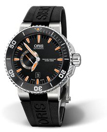 Aquis Small Second, Date, 46.00 mm, Black, Rubber Strap, Stainless steel screw-in security crown, Multi-piece stainless steel case, ceramic minutes scale top ring