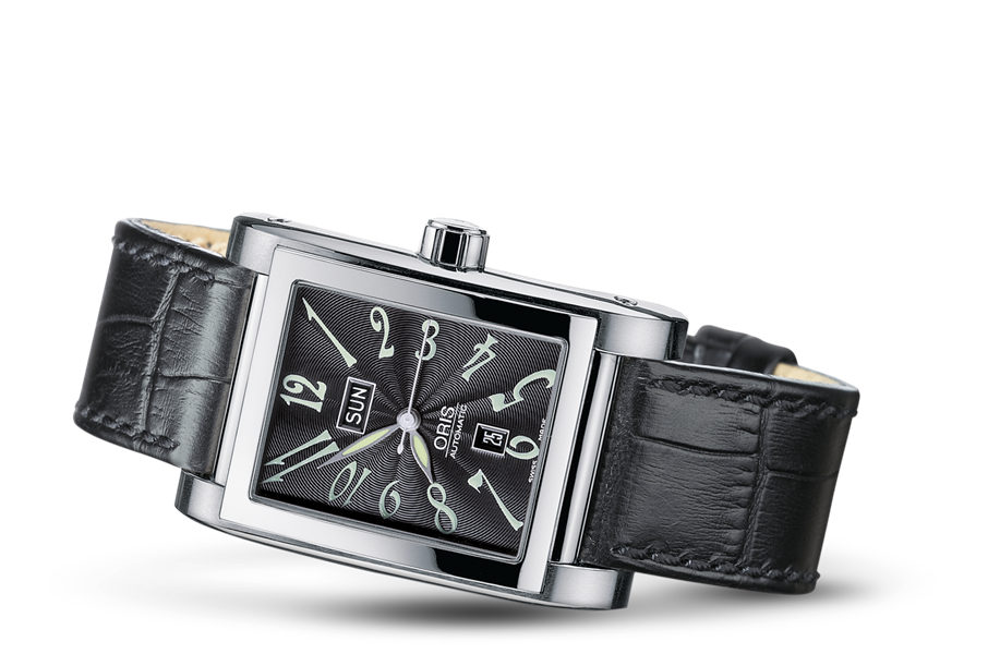Rectangular Day Date, Black, Leather Strap