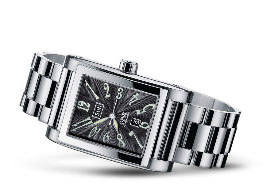 Rectangular Day Date, Black, Stainless steel Strap