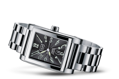 Rectangular Day Date, Black, Stainless steel Strap