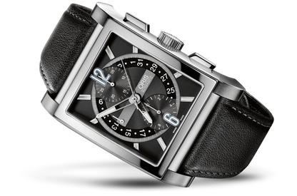 Rectangular Titan Chronograph, Black, Leather Strap