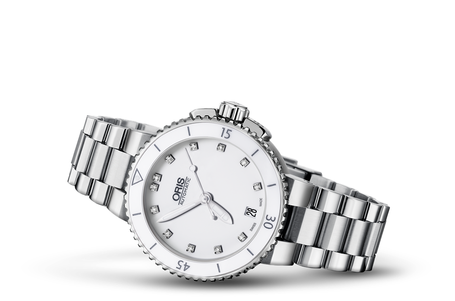 Aquis Date Diamonds, White, Stainless steel Strap