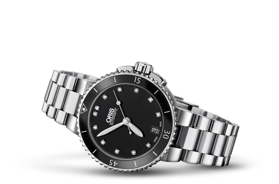 Aquis Date Diamonds, Black, Stainless steel Strap