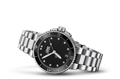 Aquis Date Diamonds, Black, Stainless steel Strap