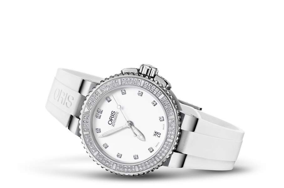 Aquis Date Diamonds, White, Rubber Strap