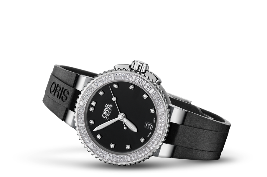 Aquis Date Diamonds, Black, Rubber Strap