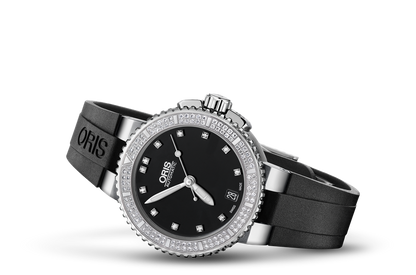 Aquis Date Diamonds, Black, Rubber Strap
