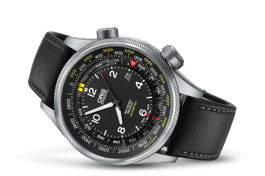 Big Crown ProPilot Altimeter with Meter Scale, Black, Leather Strap