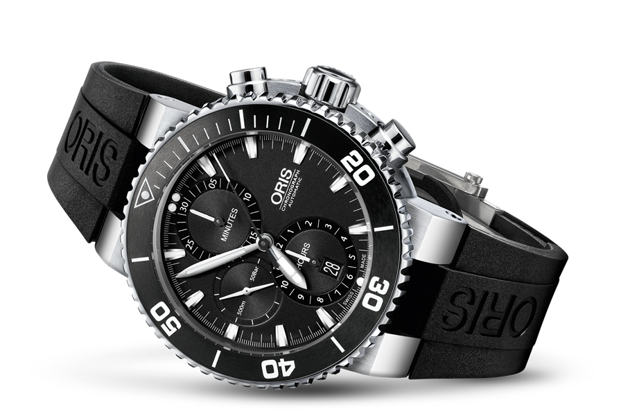 Aquis Chronograph, Black, Rubber Strap