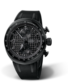 TT3 Chronograph Black, 44.50mm, Black, Rubber Strap, Stainless steel black PVD plated Oris Quick Lock security crown and pushers, Multi-piece titanium case, black plated, tachymeter scale top ring