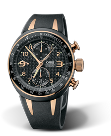 TT3 Chronograph, 42.50mm, Black, Rubber Strap, Stainless steel, rose gold plated Oris Quick Lock security crown and pushers, Multi-piece titanium case, black plated, tachymeter scale top ring