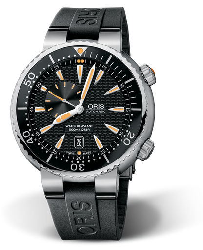 Divers Small Second, Date, 47.00 mm, Black, Rubber Strap, Stainless steel screw-in security crown and Helium valve, Multi-piece stainless steel case, minutes scale top ring