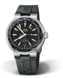 Divers GMT, Date, 44.00 mm, Black, Rubber Strap, Stainless steel screw-in security crown, Multi-piece stainless steel case, city scale top ring