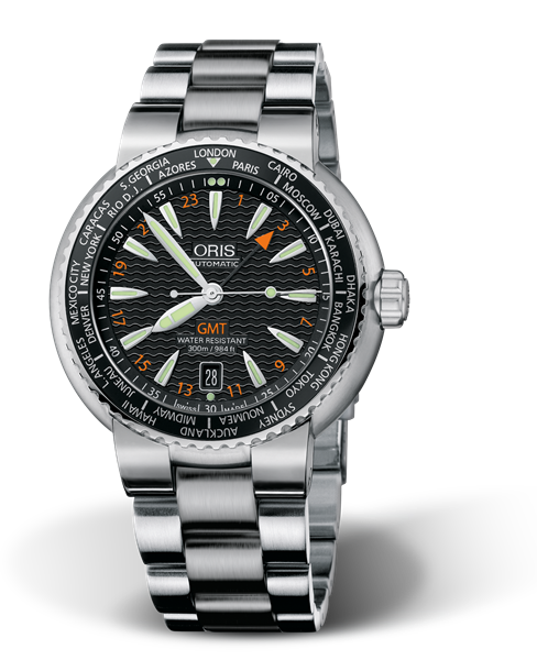 Divers GMT, Date, 44.00 mm, Black, Stainless steel Strap, Stainless steel screw-in security crown, Multi-piece stainless steel case, city scale top ring